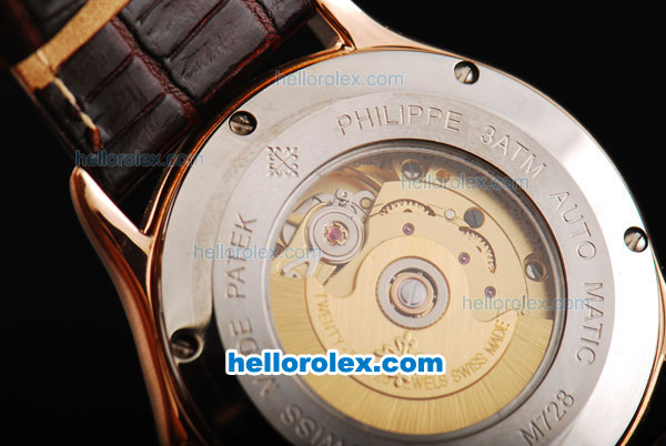 Patek Philippe Calatrava Swiss ETA 2836 Automatic Movement Rose Gold Case with Diamonds Bezel with Rose Gold Roman Numeral Markers and Brown Leather Strap - Click Image to Close